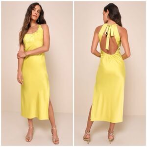 Lulus Certainly Glorious Chartreuse Satin Backless Midi Slip Dress, Size L NWOT